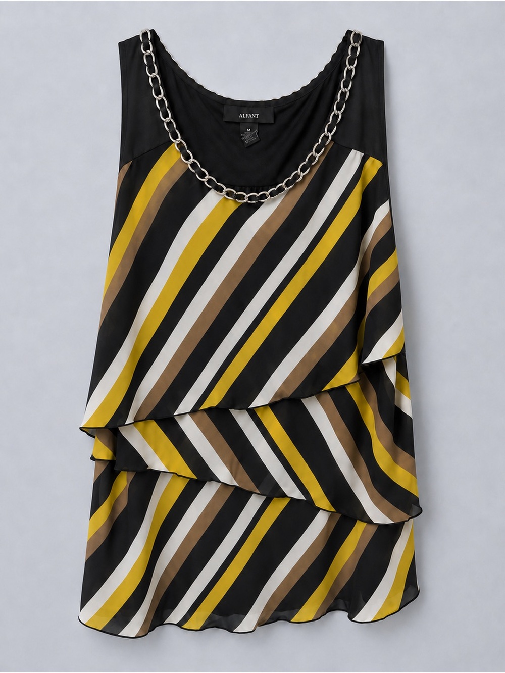 Alfani M Tiered Asymmetrical Striped Chiffon Chain Neck Sleeveless Top